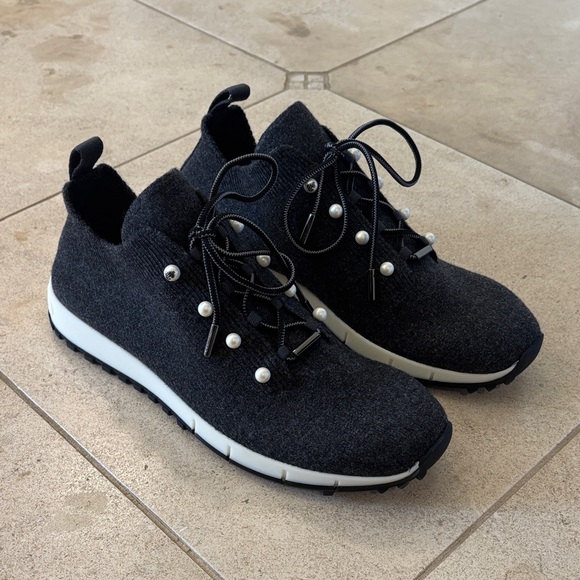 Jimmy Choo Shoes - Jimmy Choo Black Pearl-Accent Knit Sneakers